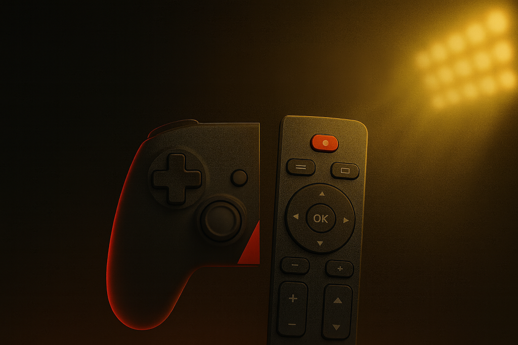 Een gameconsole met een afstandsbediening.