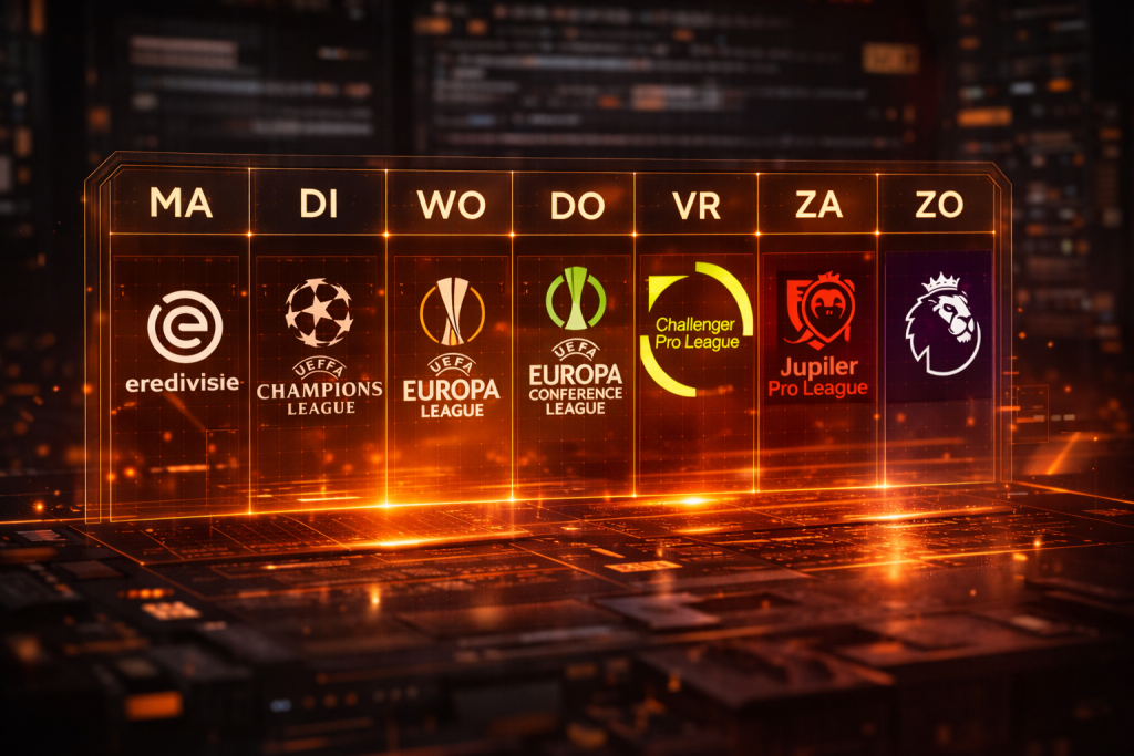 Competities-Speeldagfocus-header Een holografische kalender die de voetbalweek voorstelt.