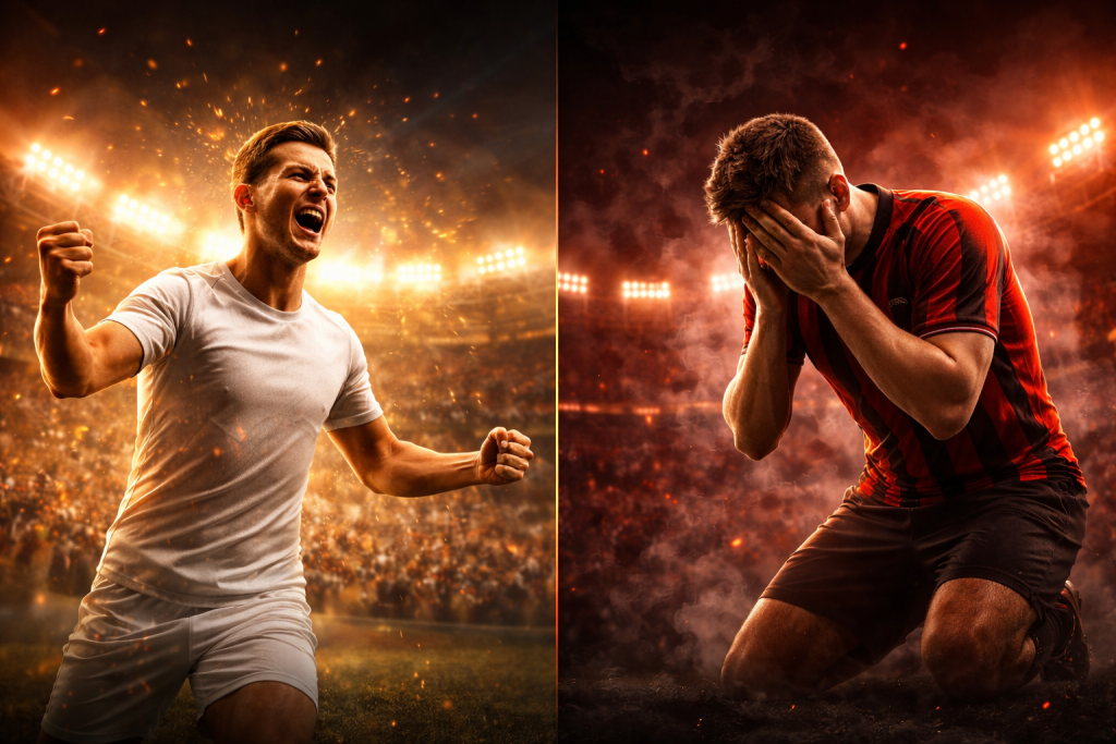 Competities-Top-Flop Twee voetballers in contrast, de ene juicht, de andere baalt.