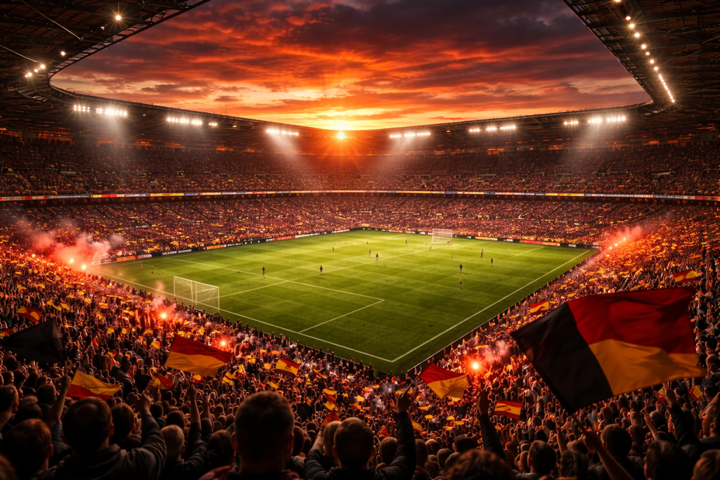 Competities-header2.0 Een vol stadion in avondgloed.