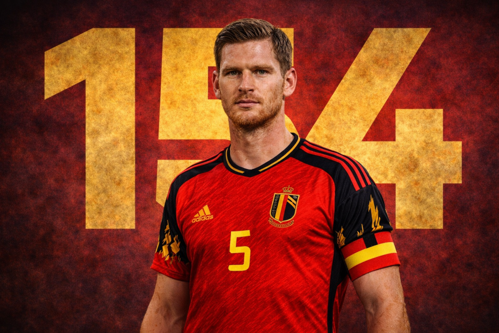 Jan Vertonghen met 154 op de achtergrond, het aantal interlands van de voormalige Rode Duivel.