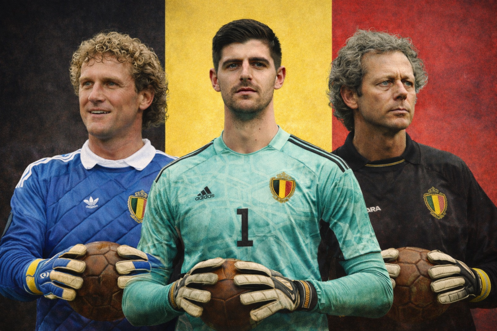 Jean-Marie Pfaff, Thibaut Courtois en Michel Preud'homme met de Belgische driekleur op de achtergrond.