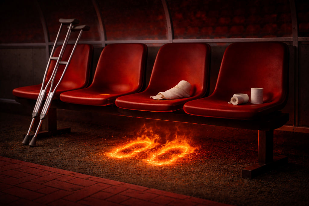 Rode-Duivels-Blessures-Afwezigen-header Een dug-out van de Rode Duivels met krukken en windels symbolisch voor geblesseerde voetballers.