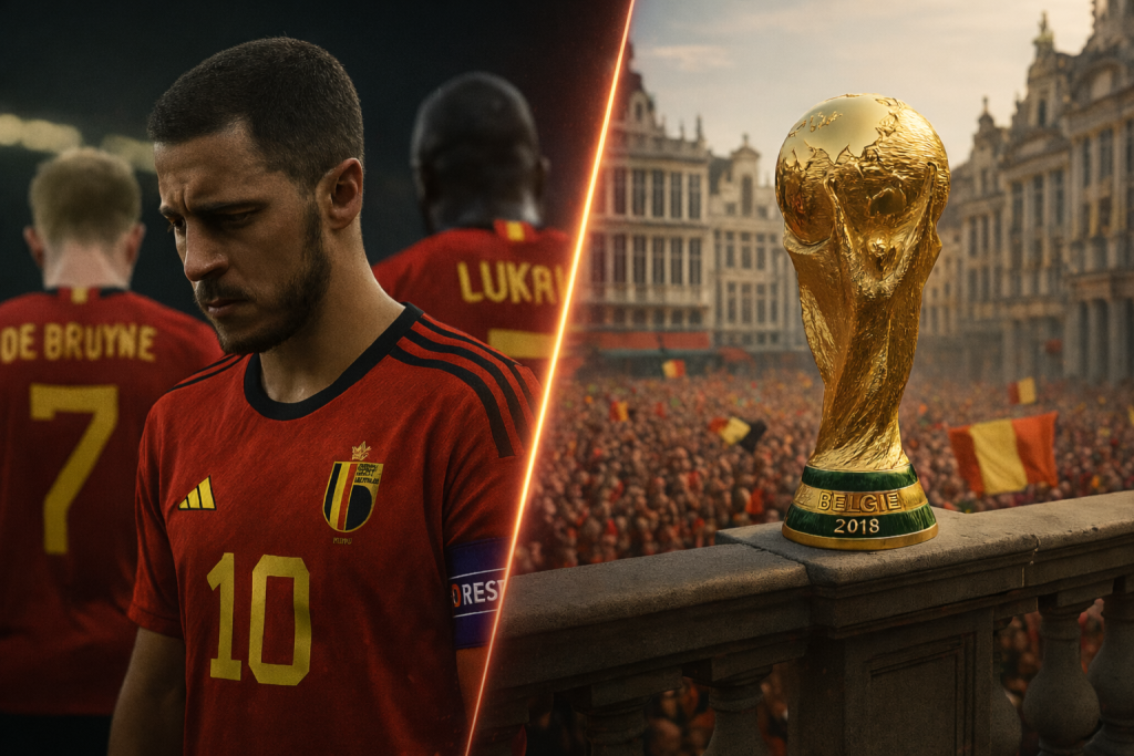 Twee alternatieve realiteiten met Eden Hazard en de wereldbeker op de voorgrond.
