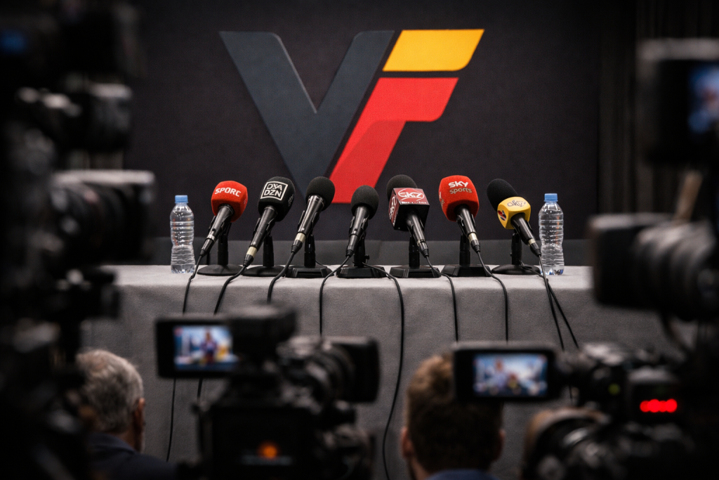 Een perszaal met het logo van VoetbalFocus op de achtergrond.