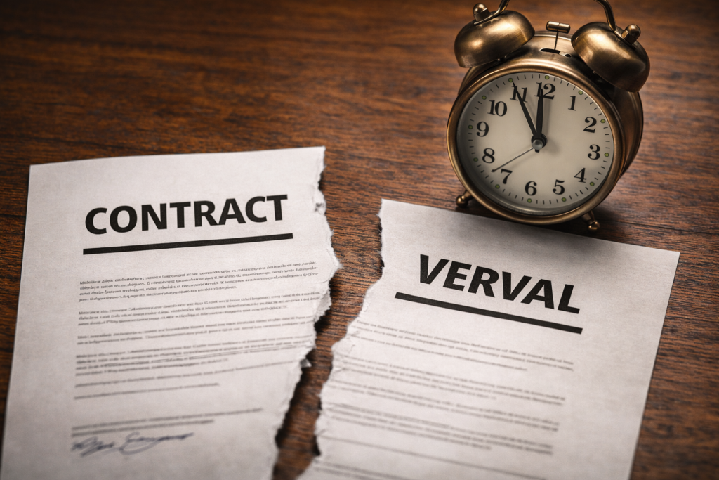 Een afbeelding van een gescheurd contract met een klok op tafel.