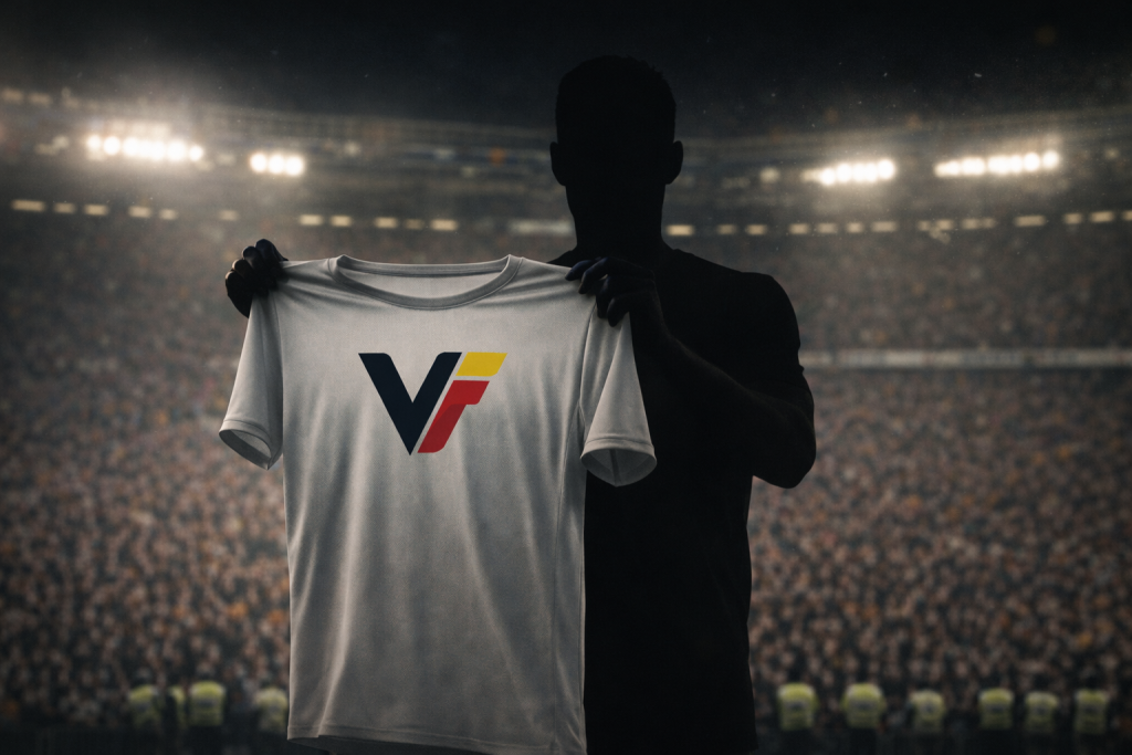 Een silhouet dat een tenue van VoetbalFocus vasthoudt in een stadion.