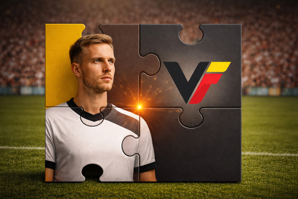 Een afbeelding van een puzzel met een voetballer en het logo van VoetbalFocus.
