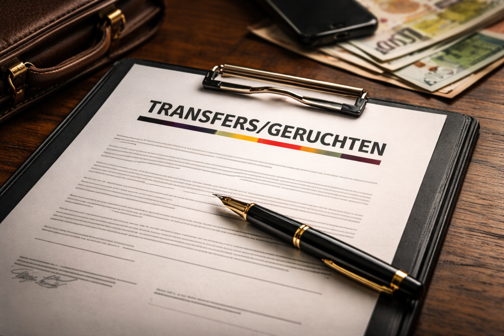 Een transfercontract met een pen en aktentas op een tafel.
