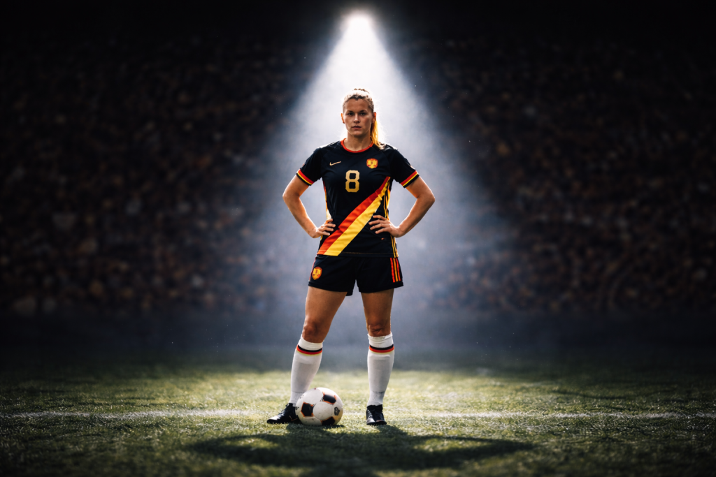 Een voetbalster die in de spotlight staat.