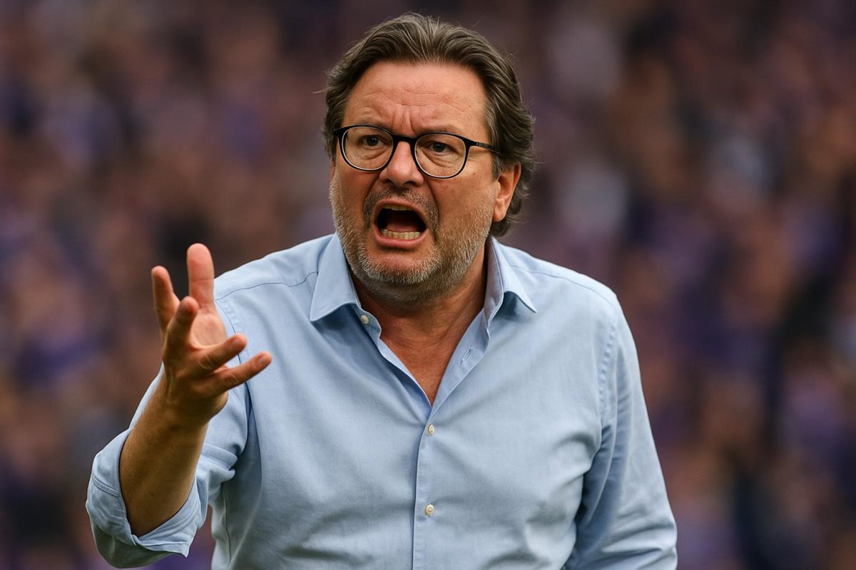 Marc Coucke zichtbaar geagiteerd op de tribune bij RSC Anderlecht