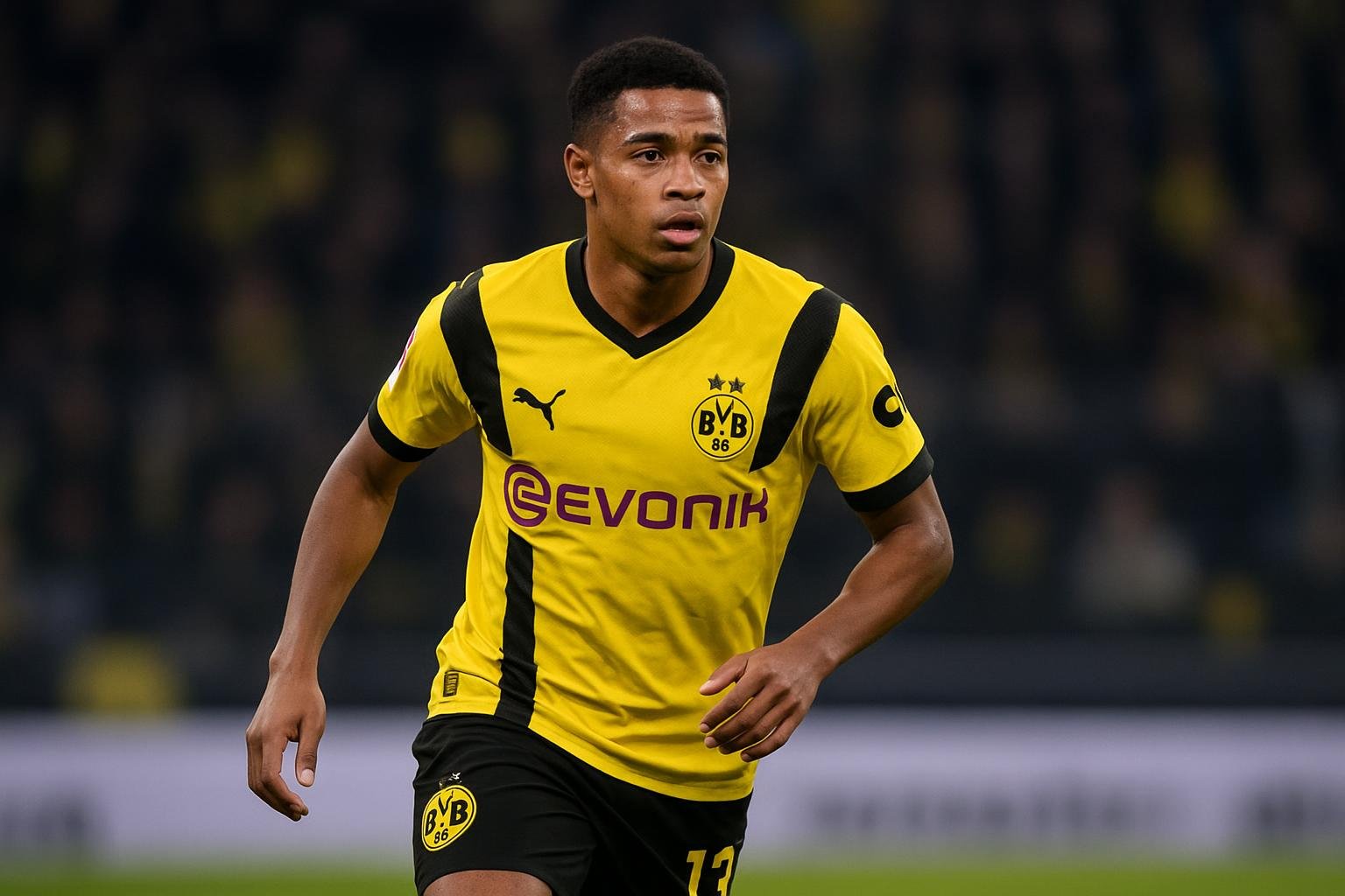 Julien Duranville in het shirt van Borussia Dortmund tijdens een wedstrijd
