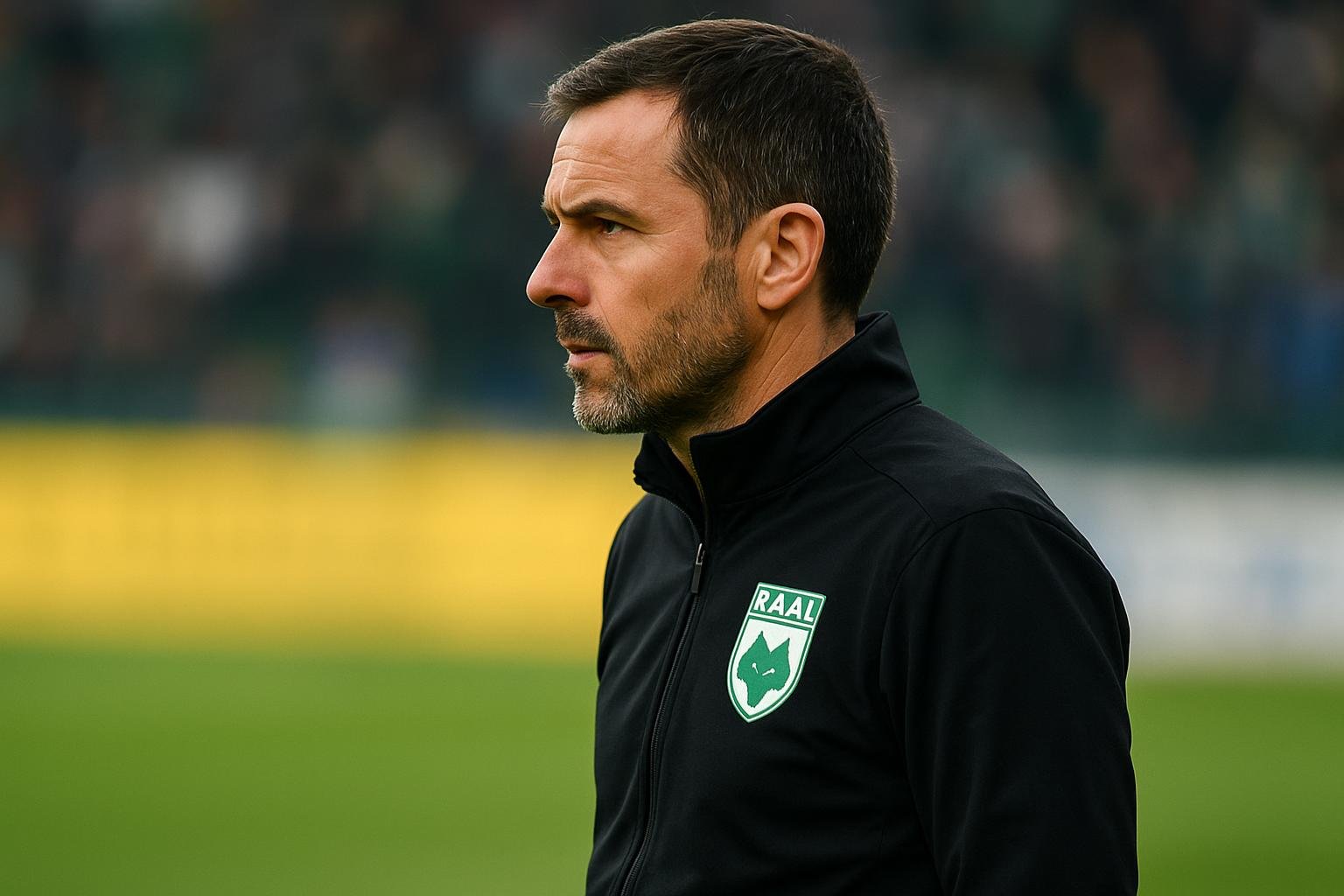 Trainer Frédéric Taquin langs de zijlijn bij RAAL La Louvière