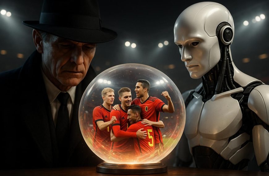 Jonge Belgische voetballers in rood tenue die samen vooruitkijken in een stadion