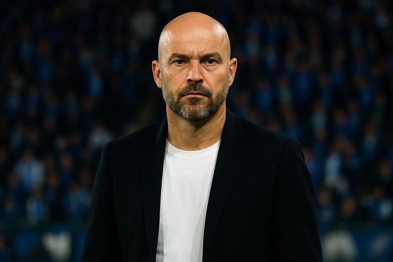 Bart Verhaeghe geconcentreerd langs het veld bij Club Brugge