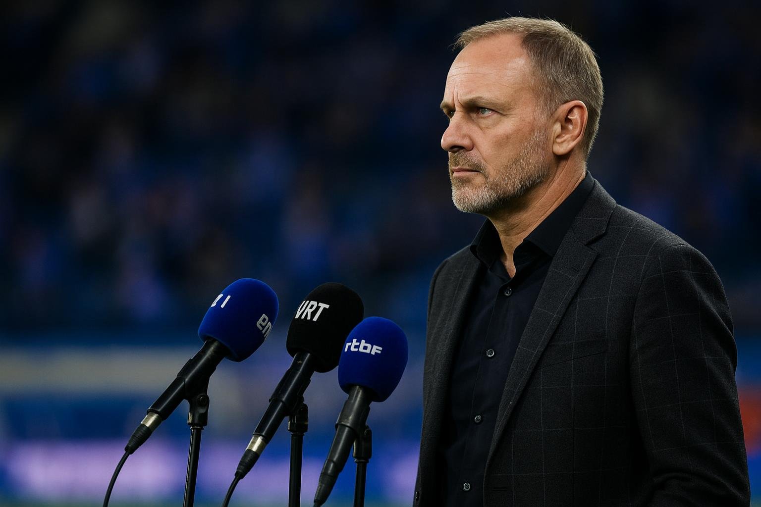 Dimitri De Condé gefocust langs het veld bij KRC Genk