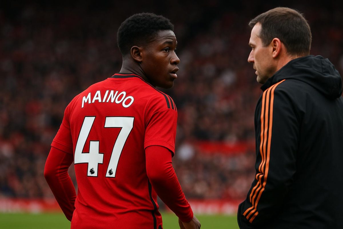Kobbie Mainoo in actie voor Manchester United tijdens een thuiswedstrijd