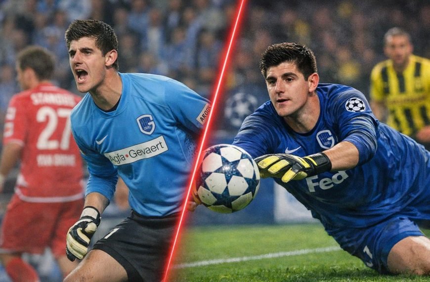 Jonge doelman in blauw shirt duikt naar de bal in een vol stadion