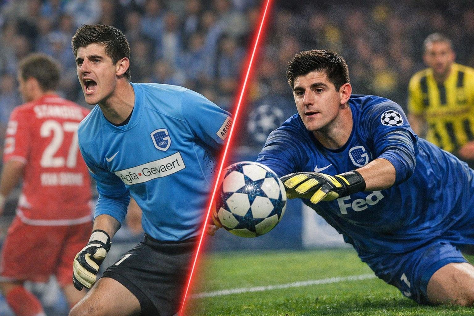 Jonge doelman in blauw shirt duikt naar de bal in een vol stadion