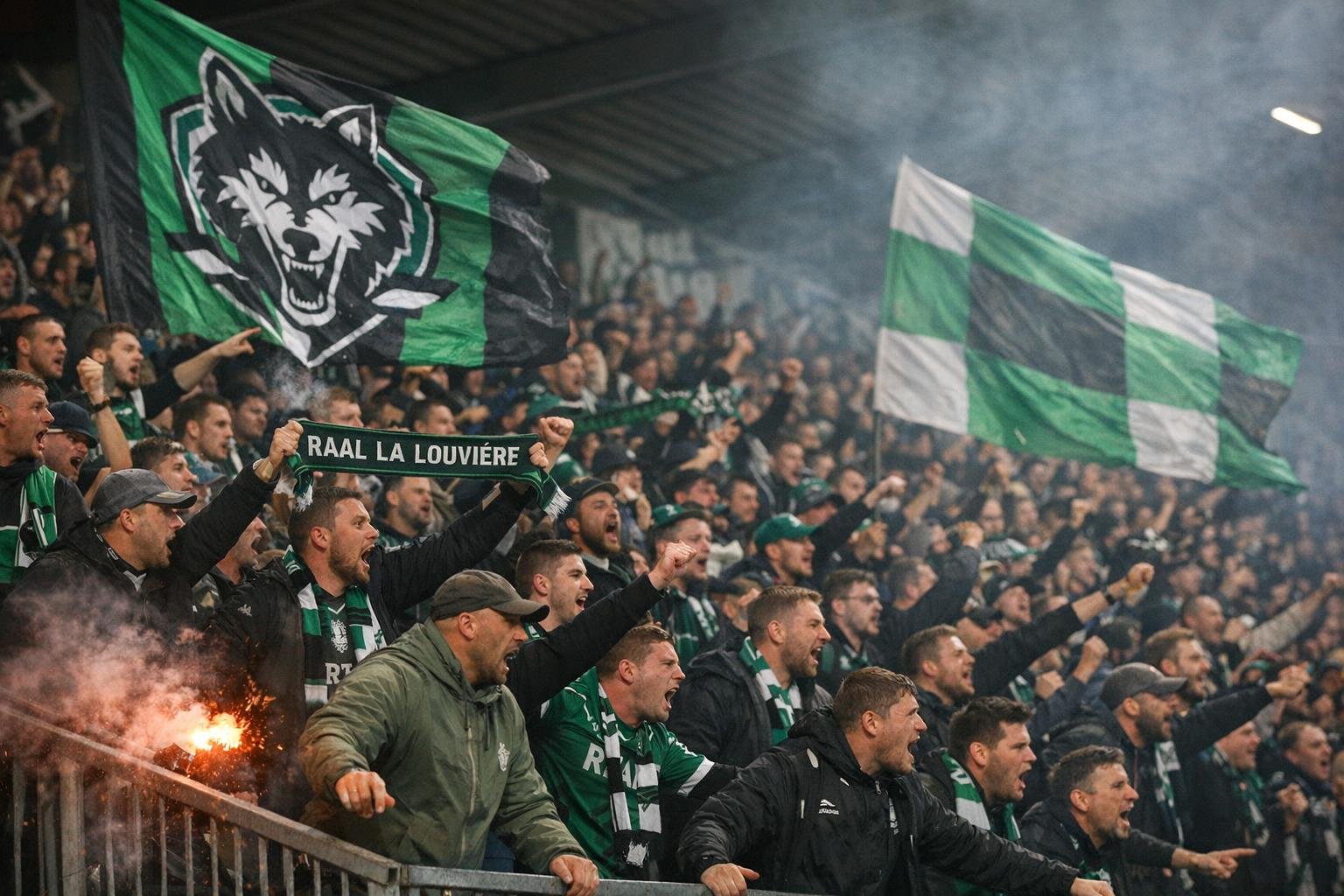 Supporters van La Louvière op de tribune tijdens een uitmatch