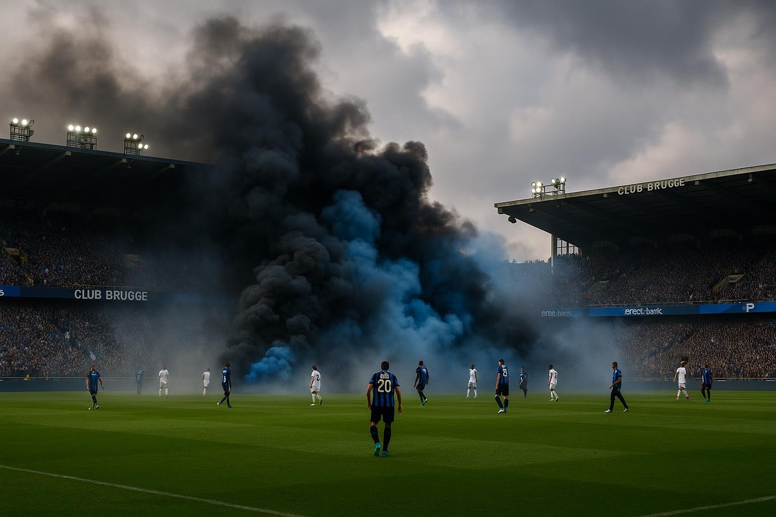 Rook boven het veld tijdens Club Brugge – KAA Gent in het Jan Breydelstadion