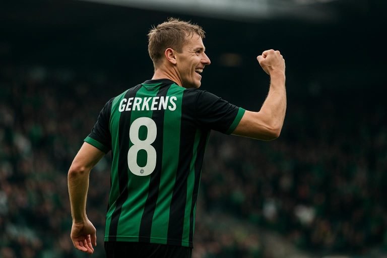 Pieter Gerkens viert zijn doelpunt voor Cercle Brugge tijdens een uitmatch