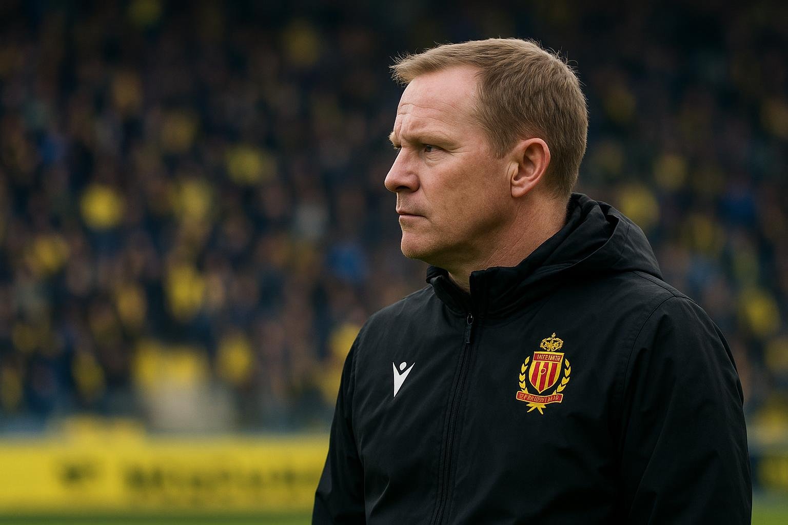 Frederik Vanderbiest langs de lijn bij een wedstrijd van KV Mechelen