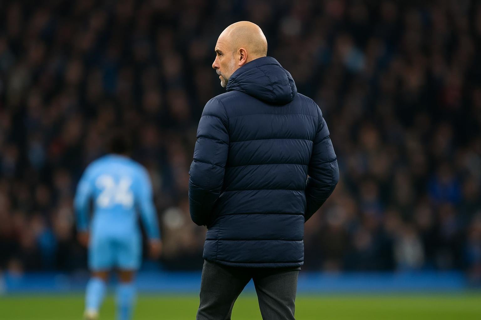 Pep Guardiola gefocust langs de lijn bij Manchester City