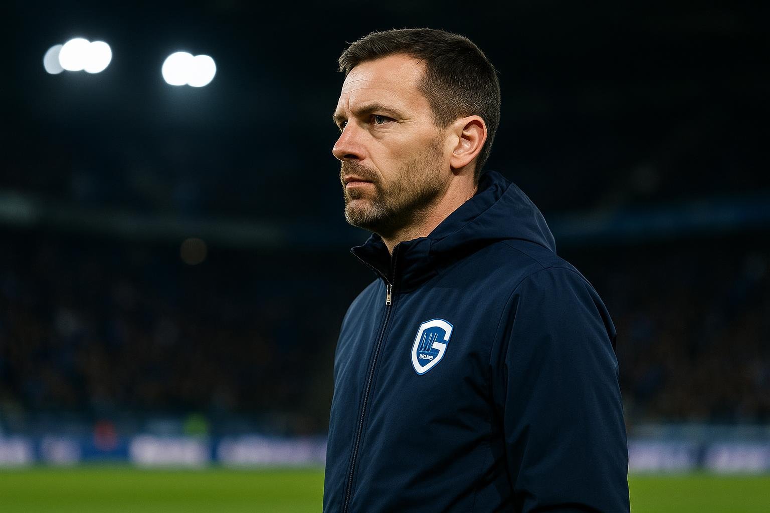 Trainer Nicky Hayen gefocust langs de lijn bij KRC Genk