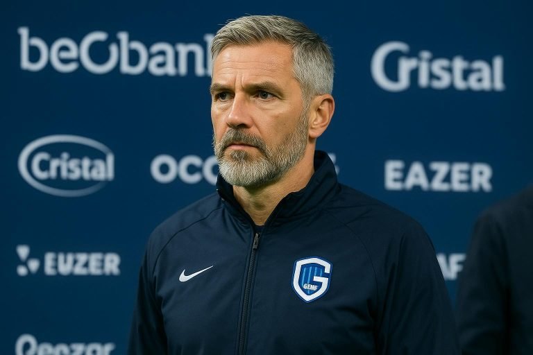 Nicky Hayen geconcentreerd langs de lijn bij KRC Genk