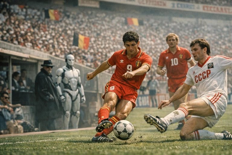 Nostalgische wedstrijdsfeer in een stadion bij een WK-match uit de jaren 80