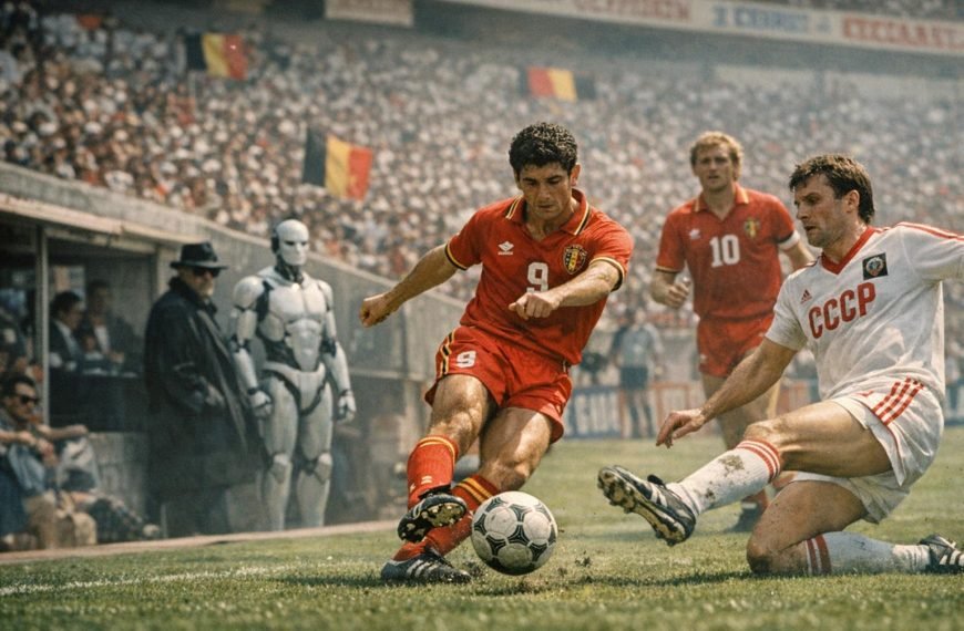 Nostalgische wedstrijdsfeer in een stadion bij een WK-match uit de jaren 80