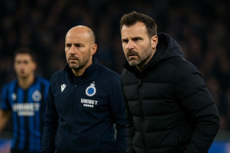 Ivan Leko en Dévy Rigaux in gesprek langs het veld bij Club Brugge
