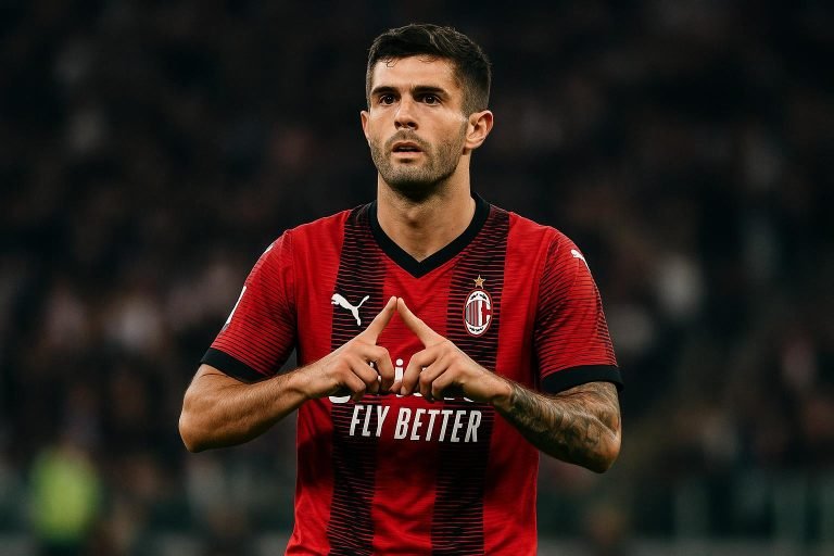Christian Pulisic juicht na een doelpunt voor AC Milan tijdens een thuiswedstrijd