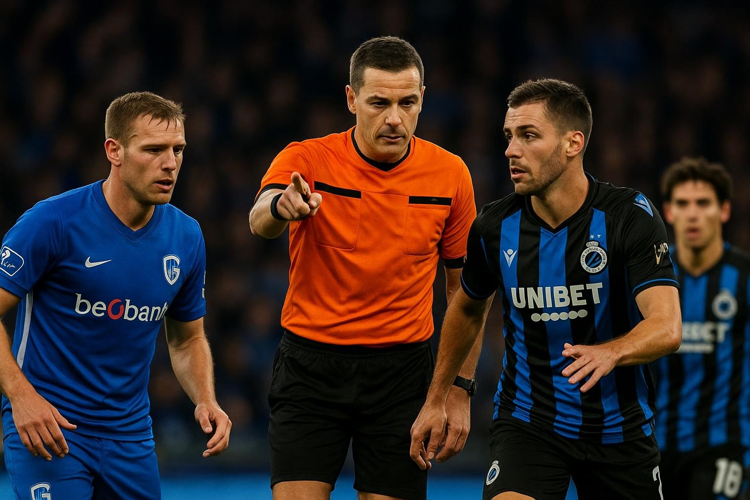 Scheidsrechter Lawrence Visser fluit tijdens KRC Genk - Club Brugge