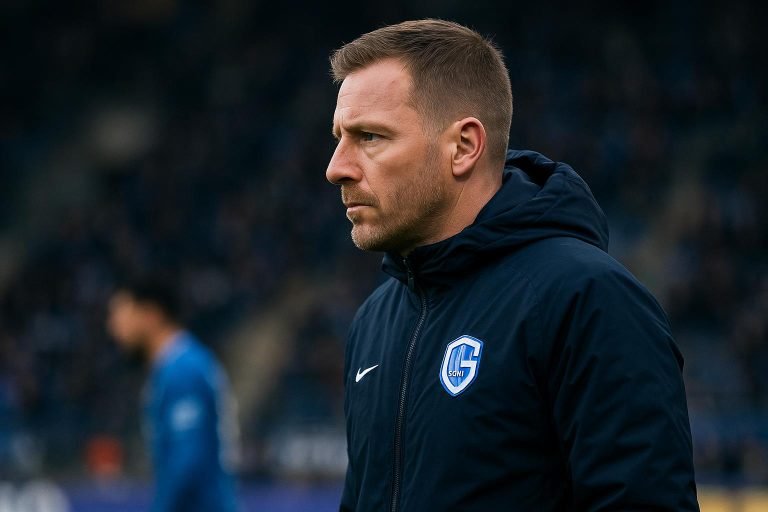 Trainer Nicky Hayen van KRC Genk langs de zijlijn tijdens een wedstrijd