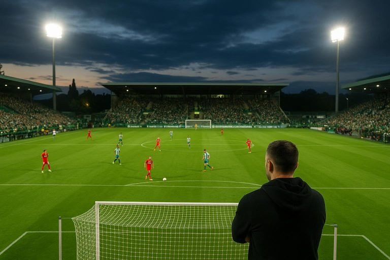 Overzicht van het stadion van La Louvière tijdens een wedstrijd in avondlicht