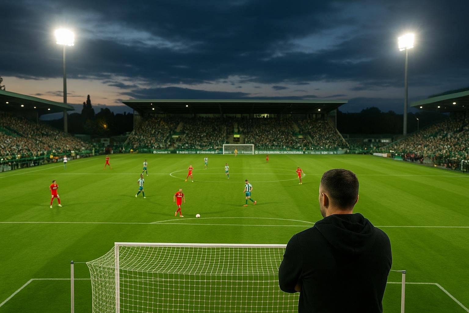 Overzicht van het stadion van La Louvière tijdens een wedstrijd in avondlicht