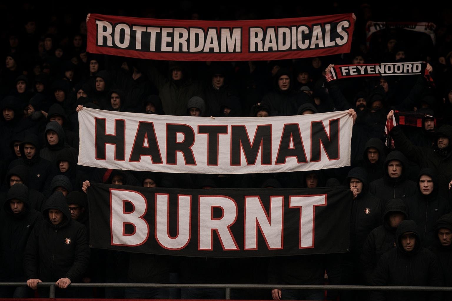 Fanatieke Feyenoord-supporters met spandoeken op de tribune