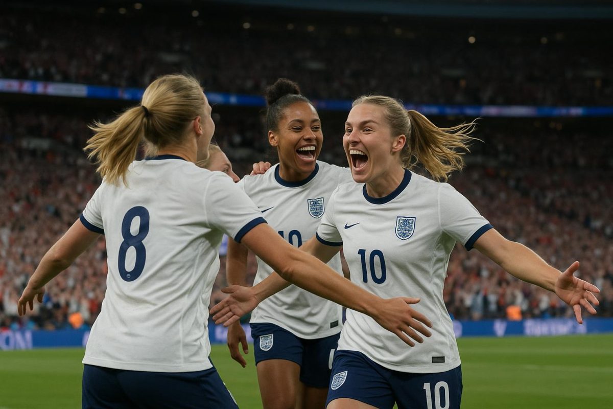 Engelse speelsters vieren een overwinning in een vol stadion