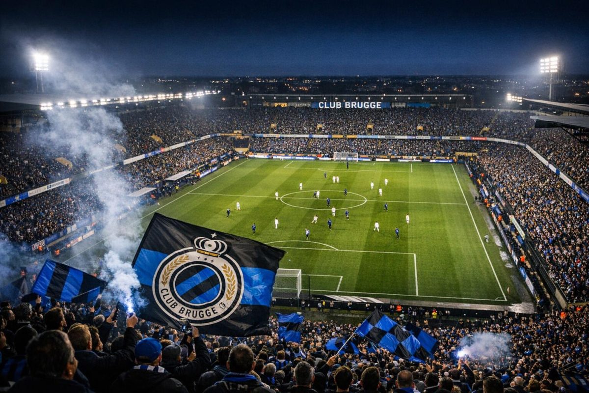 Zicht op het stadion van Club Brugge tijdens een avondwedstrijd