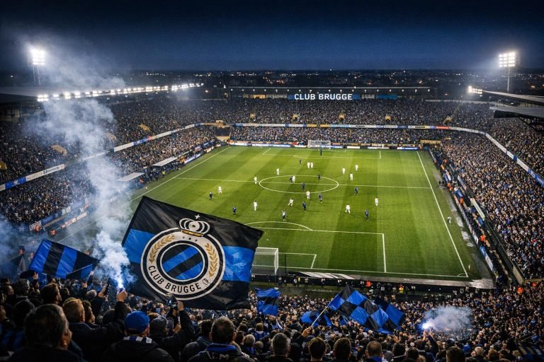 Zicht op het stadion van Club Brugge tijdens een avondwedstrijd