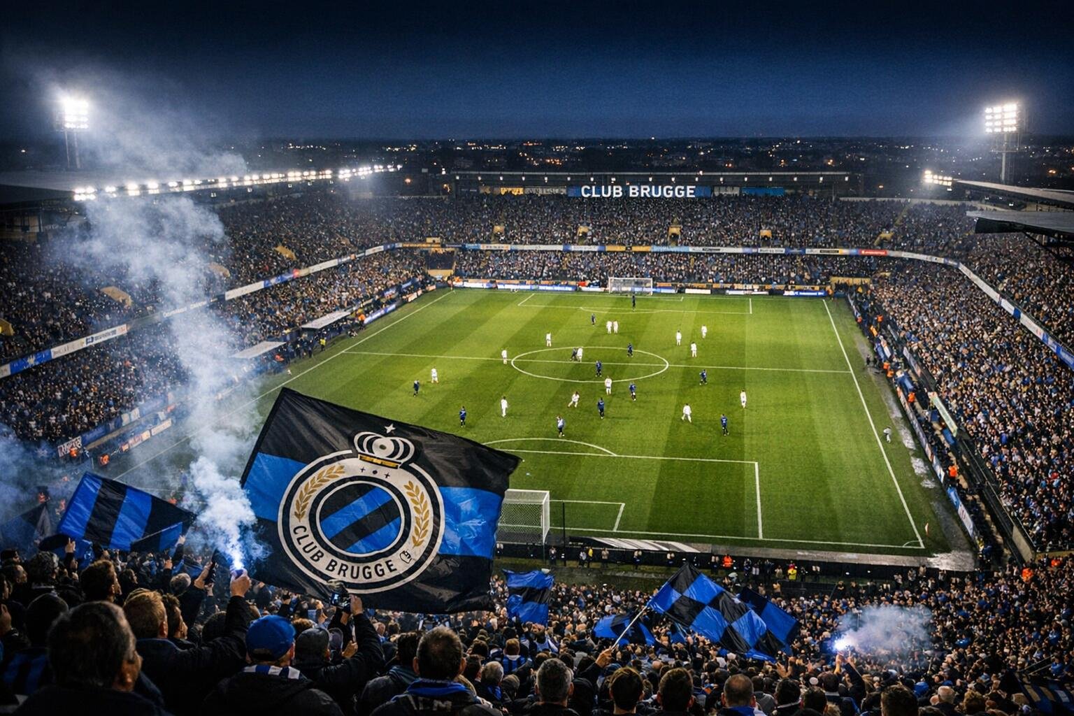 Zicht op het stadion van Club Brugge tijdens een avondwedstrijd