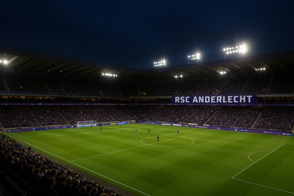 Overzicht van het stadion van RSC Anderlecht met verlichte tribunes