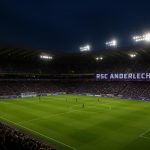 Overzicht van het stadion van RSC Anderlecht met verlichte tribunes
