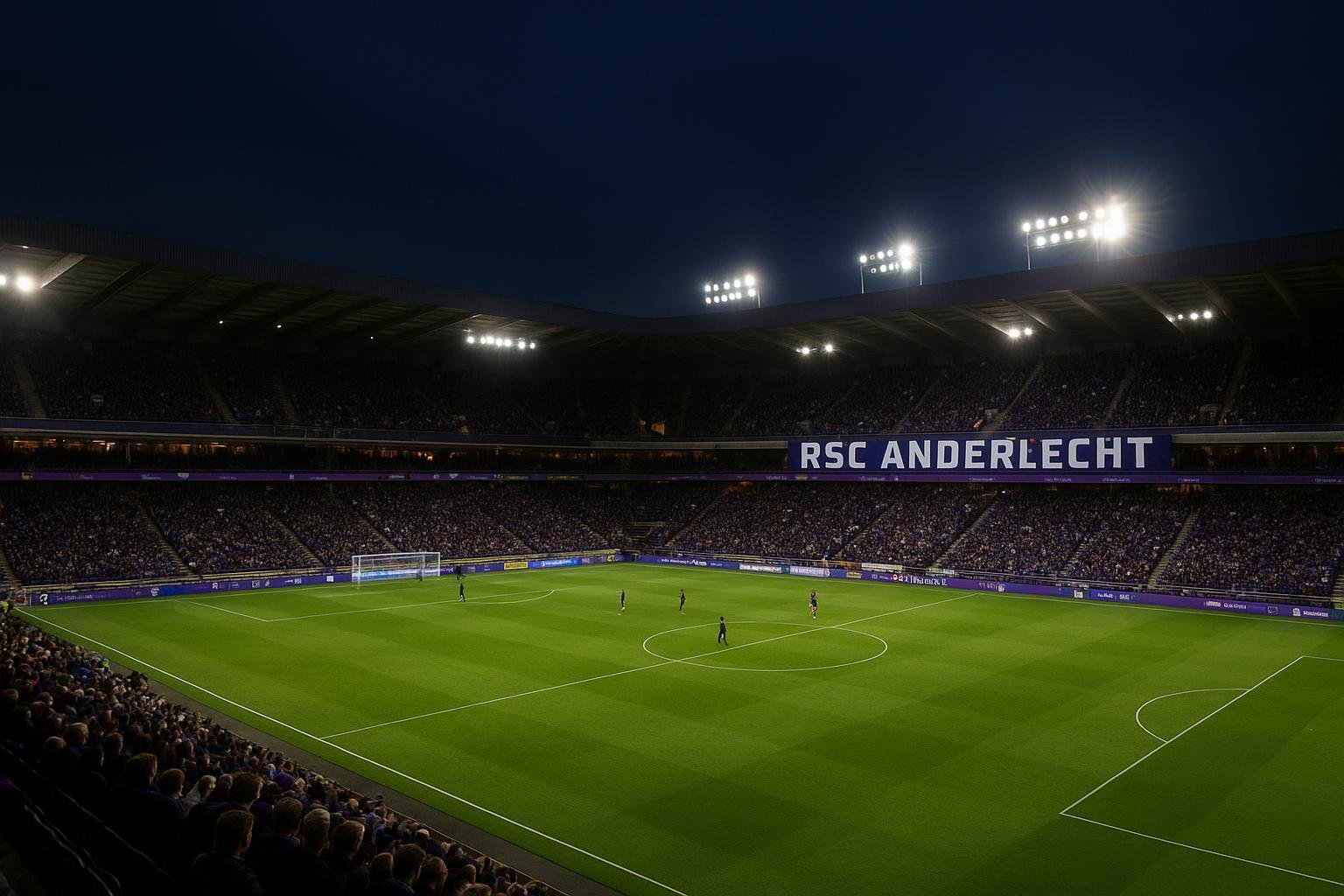 Overzicht van het stadion van RSC Anderlecht met verlichte tribunes