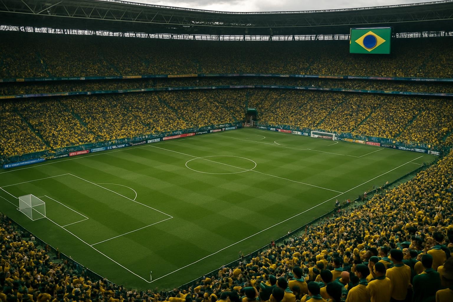 Luchtzicht op een gevuld Braziliaans voetbalstadion in de avond