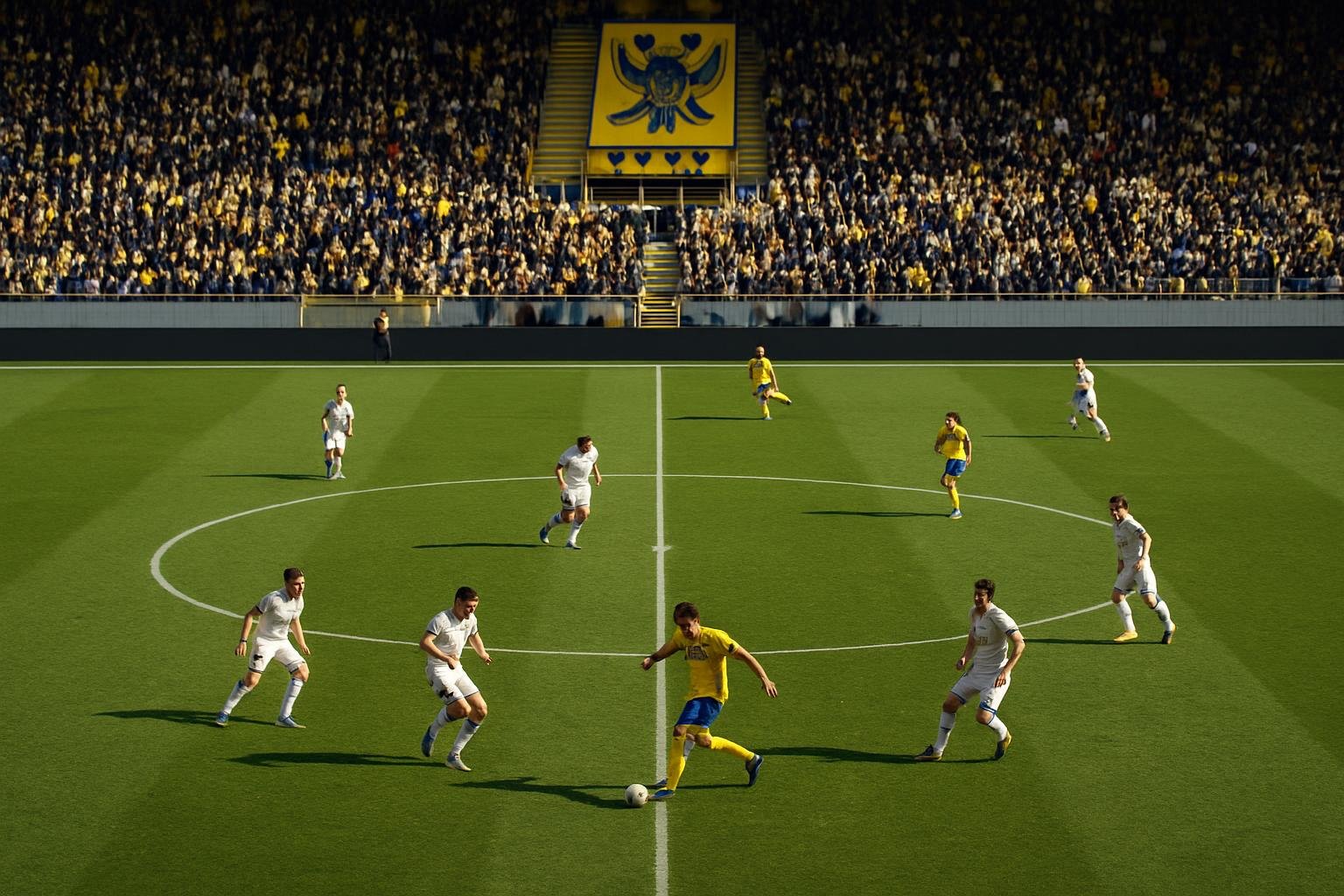 Spelmoment tijdens een wedstrijd met STVV in een vol stadion
