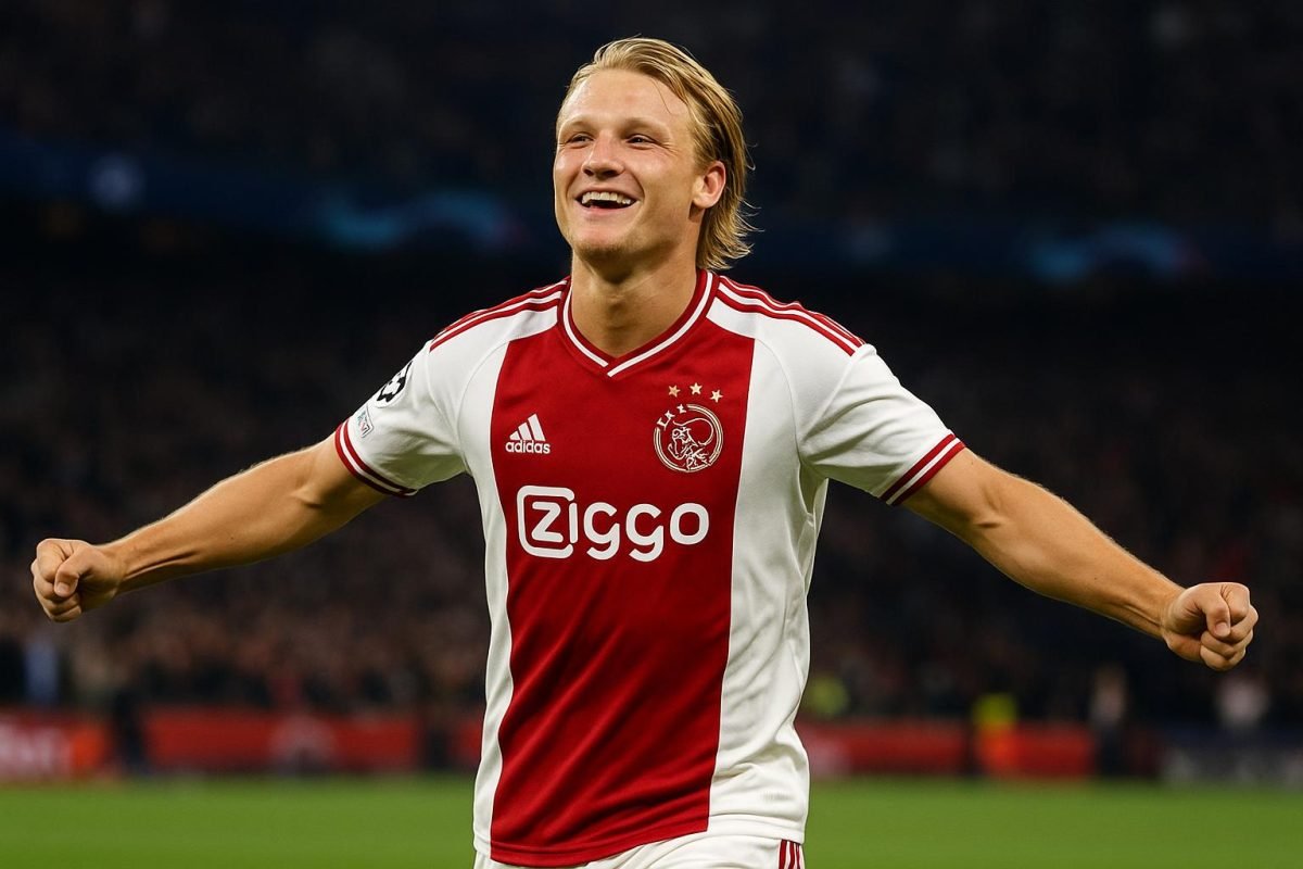 Kasper Dolberg viert een doelpunt voor Ajax in een uitwedstrijd