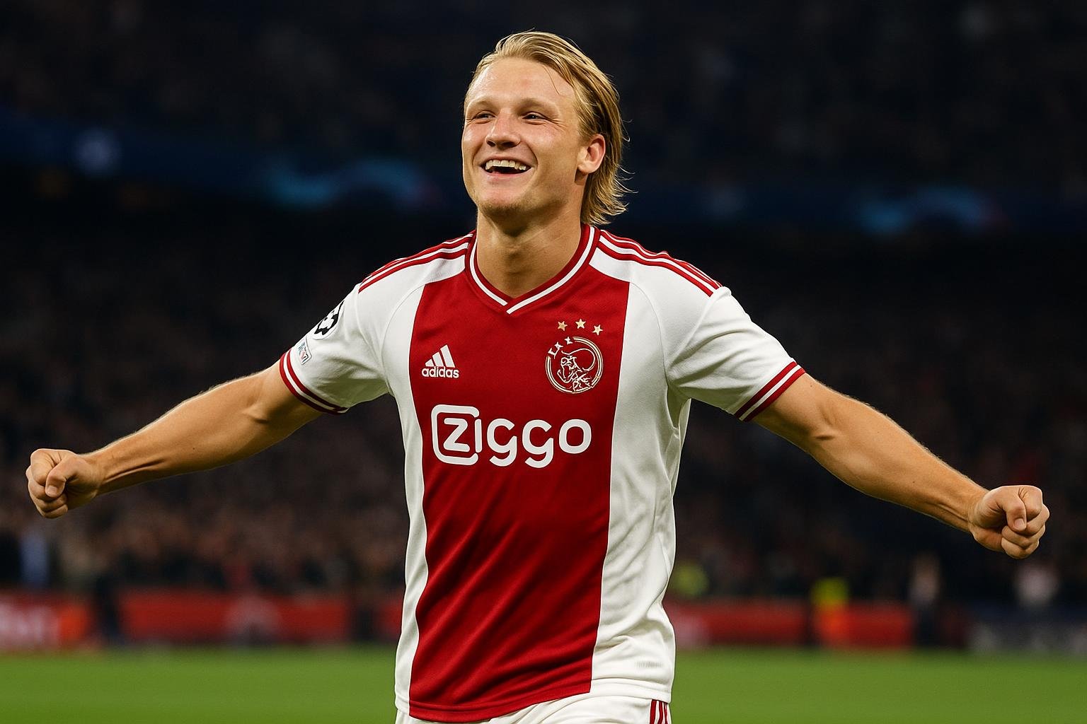 Kasper Dolberg viert een doelpunt voor Ajax in een uitwedstrijd